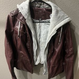 Pleather and faux fur jacket. Maroon and grey coloring